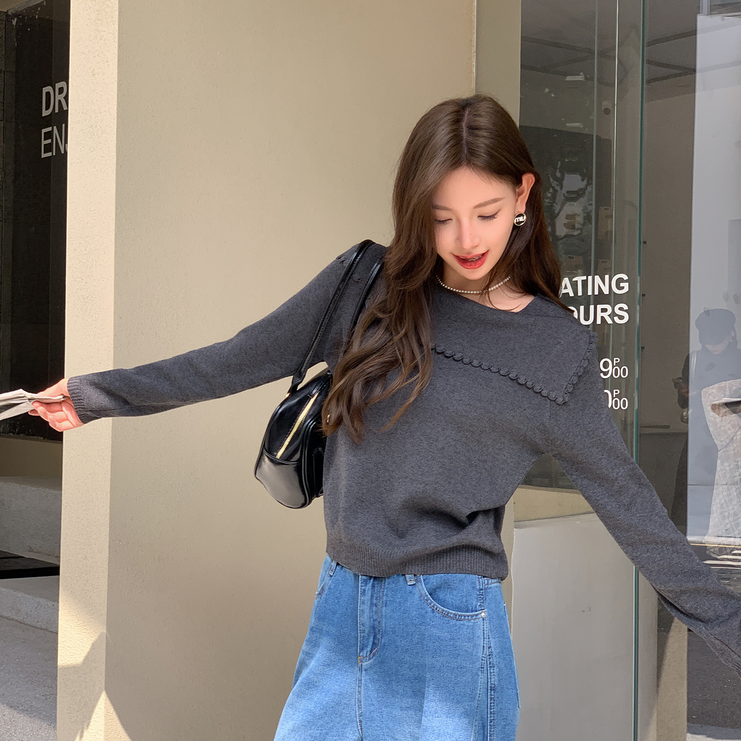 一字肩长袖针织衫女上衣打底衫