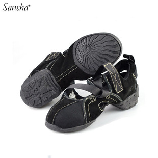 sansha三沙舞蹈鞋女夏季舞蹈凉鞋两底现代爵士舞鞋反绒皮拼帆布鞋