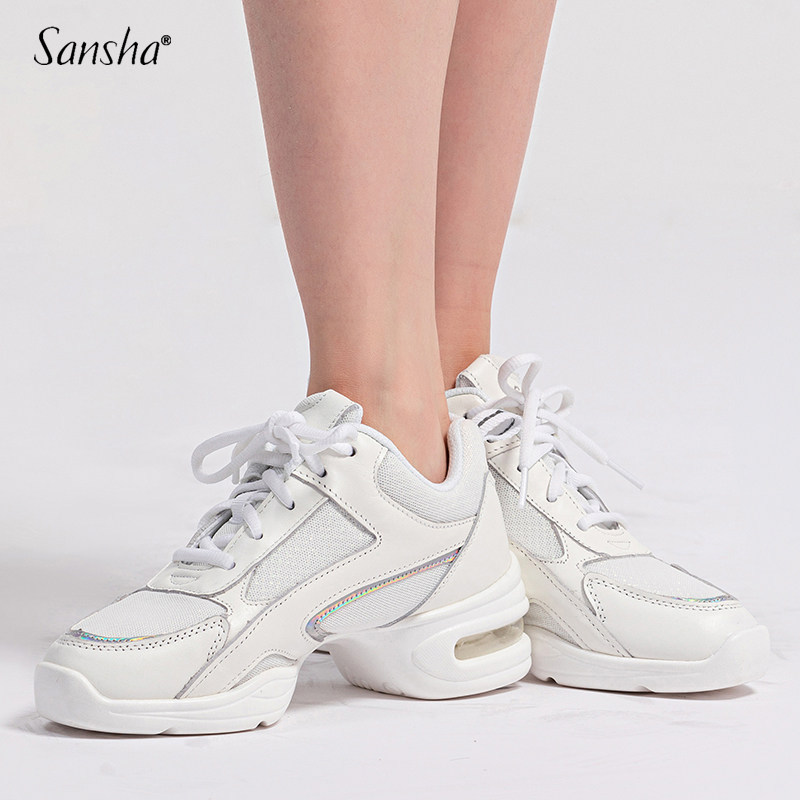 Sansha三沙现代舞鞋女白色气垫运动休闲舞蹈鞋广场舞鞋软底健身鞋