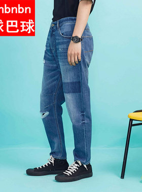 男士牛仔裤巴球巴球拉链破洞夏装