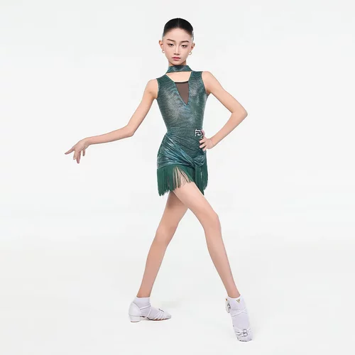 FZS DANCE L323夏季新款拉丁舞女斑纹网纱流苏套装 绿色