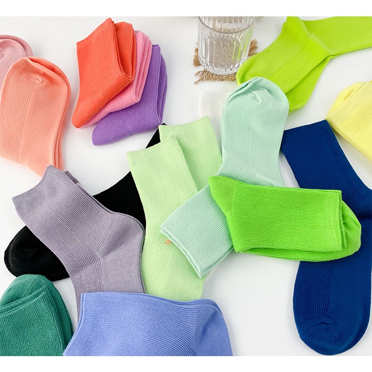 五双包邮 韩国风ins春夏糖果色中筒袜 纯色马卡龙 彩色纯棉女短袜