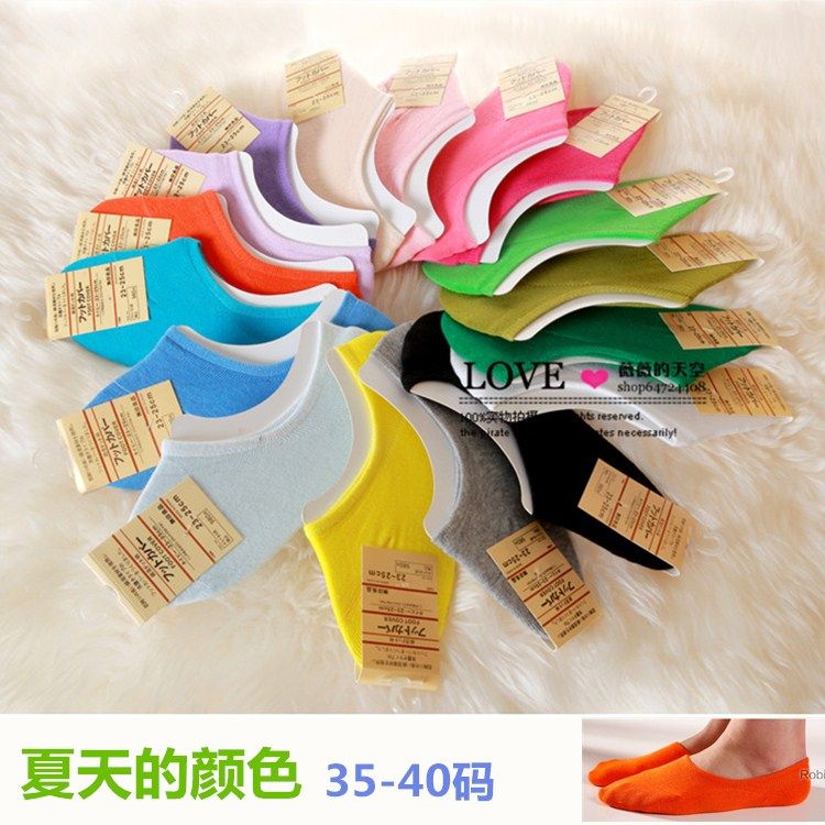 春夏纯棉基础款彩色隐形袜女士吸汗糖果色船袜子防掉跟大码高弹力