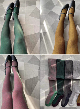 秋款双色线针织连体裤袜彩色潮袜瘦腿打底袜墨绿色连裤袜女士