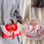 2026过年小女孩红色喜庆时尚 儿童拜年洋气蝴蝶结公主包手提斜挎包