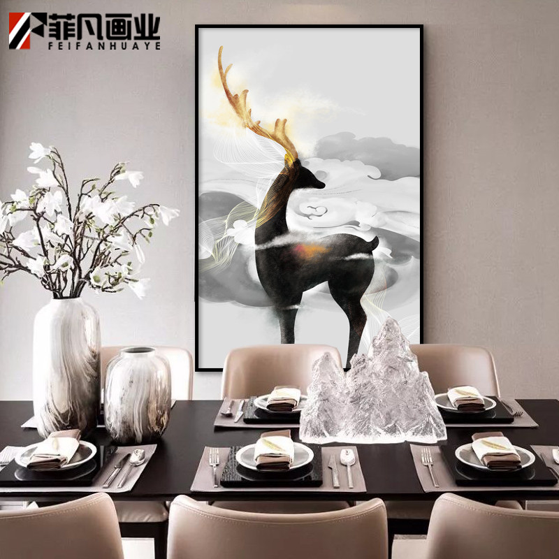 菲凡画业新中式样板间晶瓷画三联仙鹿沙发背景玄关过道装饰画推荐