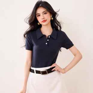 正肩短款 藏青色polo领针织短袖 紧身内搭打底衫 t恤女夏季 上衣 修身