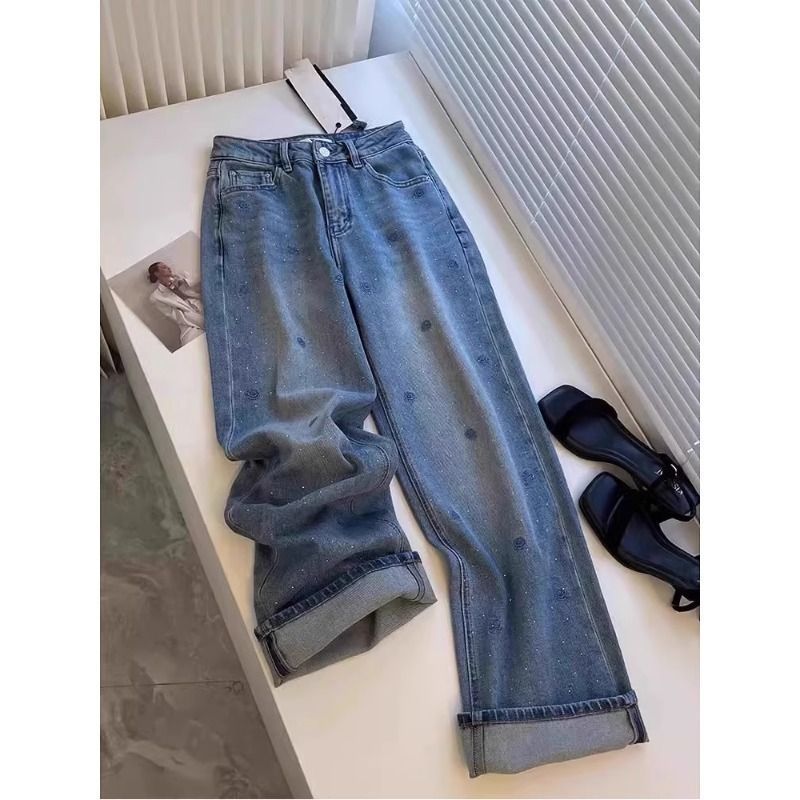 刺绣玫瑰阔腿牛仔裤女2025新款春季春夏天高腰大码显瘦拖地筒长裤
