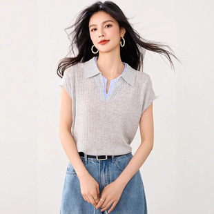 polo领冰丝针织衫 小香风减龄洋气假两件显瘦上衣 女士2025夏季 法式