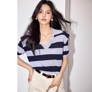 慵懒风拼色条纹polo领上衣T恤女高级感宽松显瘦冰丝针织衫 法式 薄