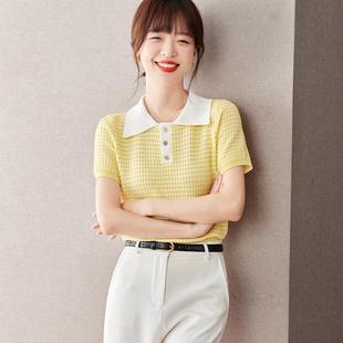 女正肩Polo衫 针织衫 有 ins韩风上衣 清新亮色格子短袖