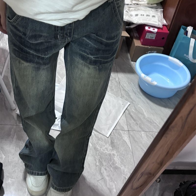 小个子美式复古低腰阔腿微喇牛仔裤女秋冬新款宽松修身显瘦拖地裤