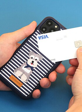 DESIGN SKIN适用iPhone11promax手机壳蓝色条纹刺绣苹果11雪纳瑞狗狗可爱卡通插卡全包可放卡小狗正品日韩