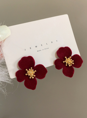 S925银针新年款复古植绒花朵耳钉优雅红色耳环气质时尚耳饰女6155