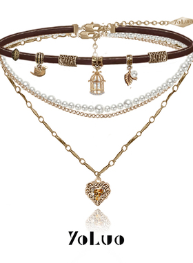 复古做旧美拉德棕色皮革颈链多层