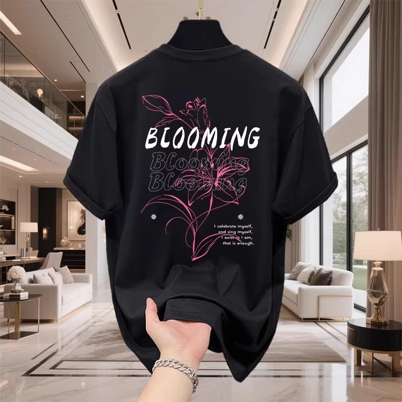 香港正品潮牌夏季素描玫瑰花卉痞帅半袖男款纯棉重磅宽松短袖T恤