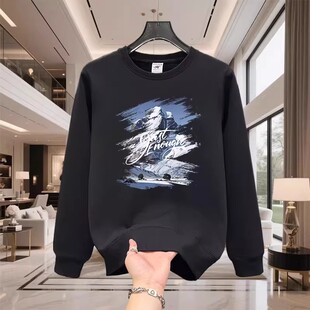 香港潮牌秋冬蓝色山峰雪山打底衫男女款纯棉加绒圆领卫衣