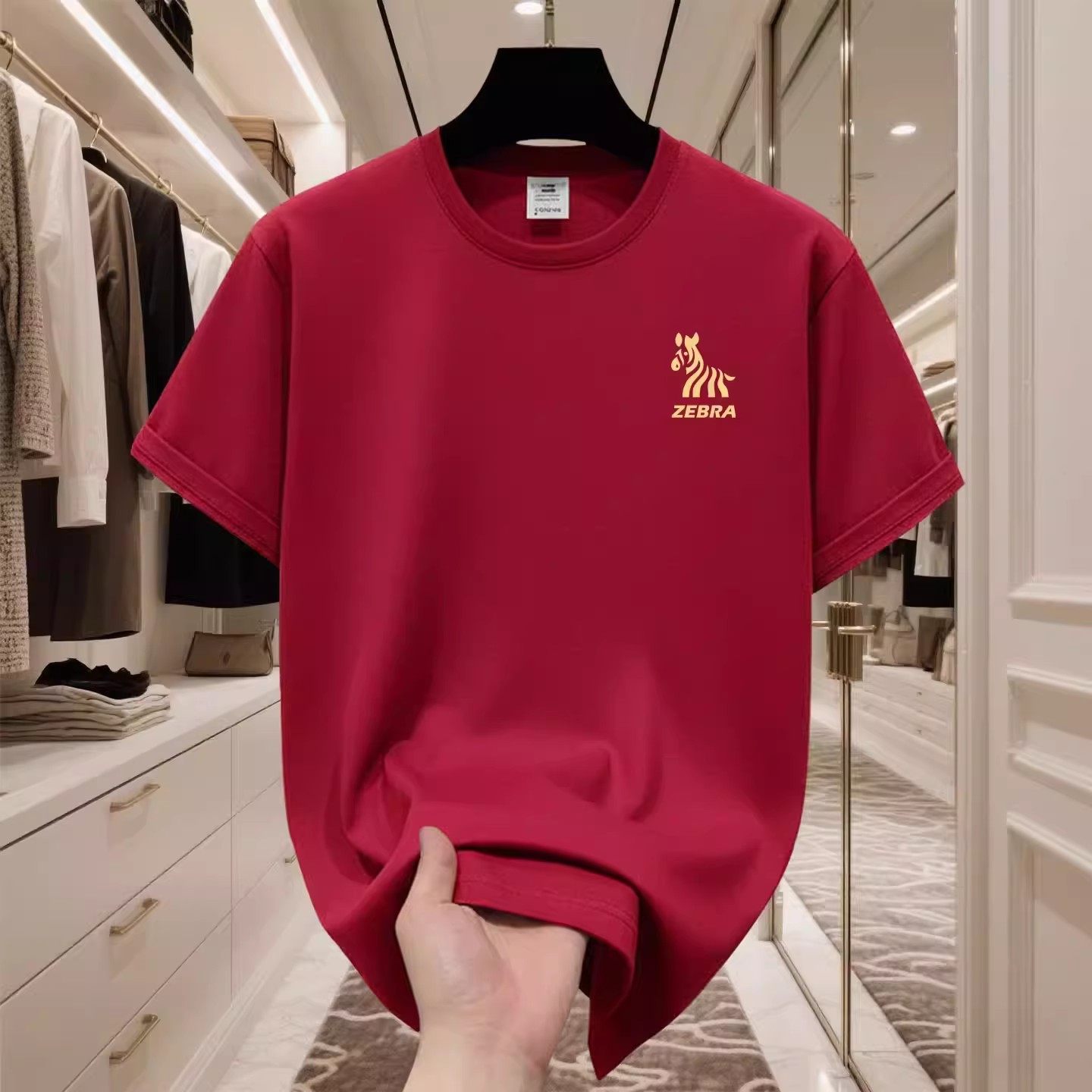 香港正品潮牌马年本命年酒红色条纹小马半袖男女纯棉宽松短袖T恤