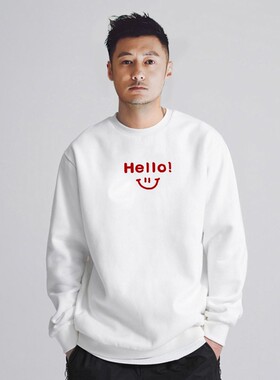 香港正品潮牌秋冬余文乐红色hello笑脸打底衫男纯棉加绒圆领卫衣