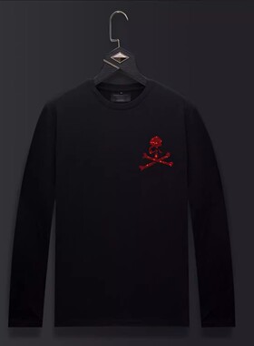 香港正品潮牌秋冬红色骷髅头烫钻打底衫男女纯棉大码长袖T恤卫衣
