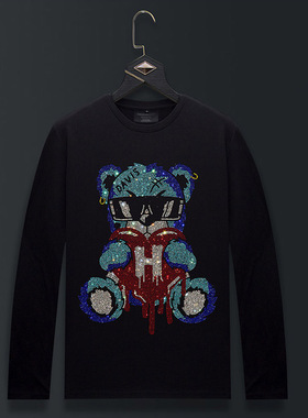 香港正品潮牌秋冬卡通红色爱心小熊烫钻打底衫男女款长袖T恤卫衣