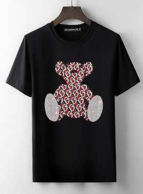 香港正品潮牌夏季卡通红色小熊烫钻半袖男女款丝光棉冰丝短袖T恤