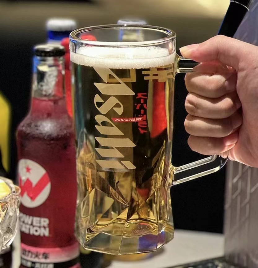进口Asahi加厚朝日啤酒杯日料店专用朝日带把扎啤杯精酿啤酒杯