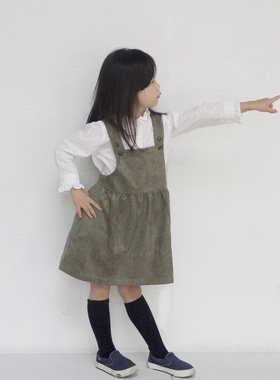 童装女童背带裙春秋麂皮绒灰绿色军绿新款宝宝背心裙小童秋冬洋气