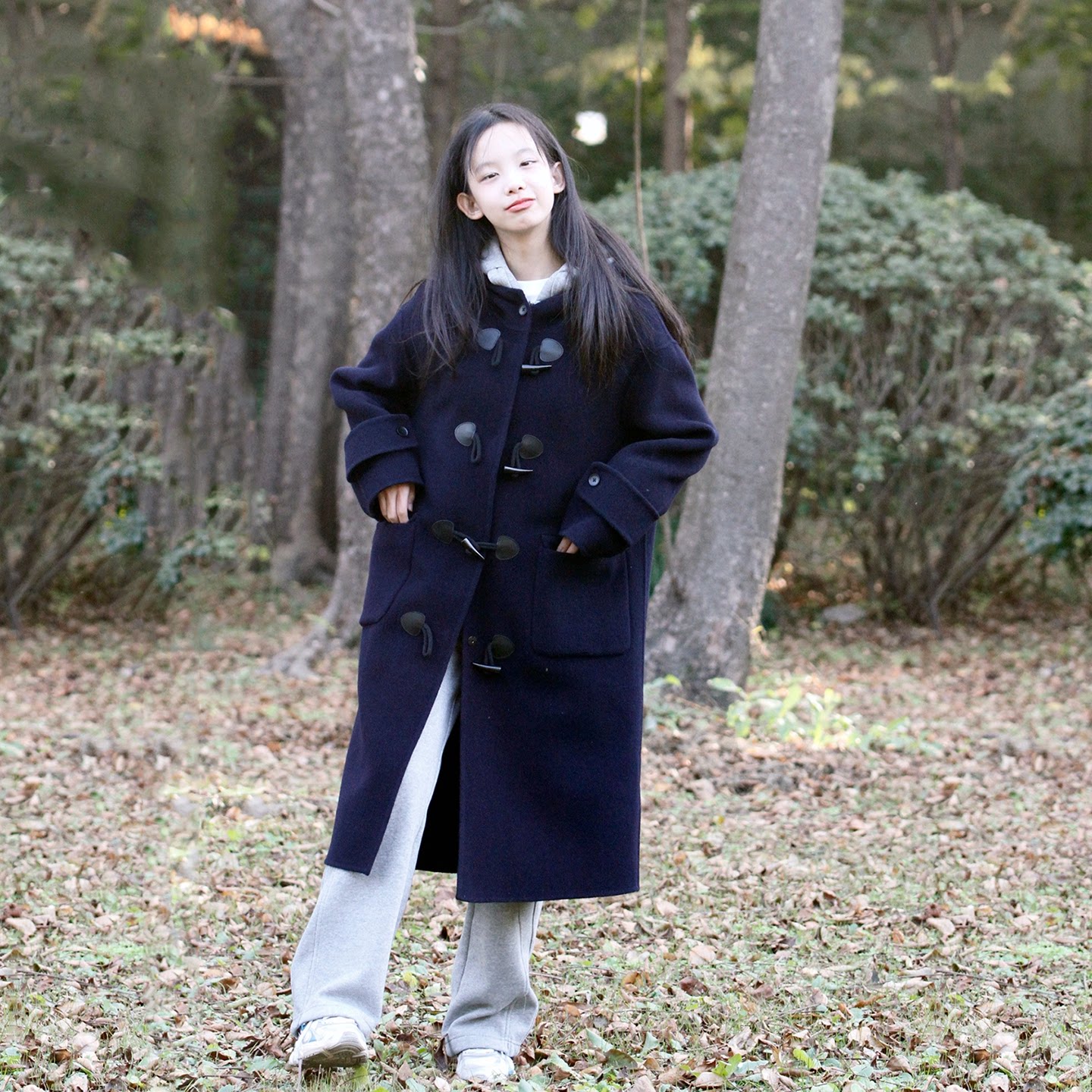 女藏青色牛角扣羊毛大衣女童长款毛呢外套藏蓝大童双面羊绒青少年