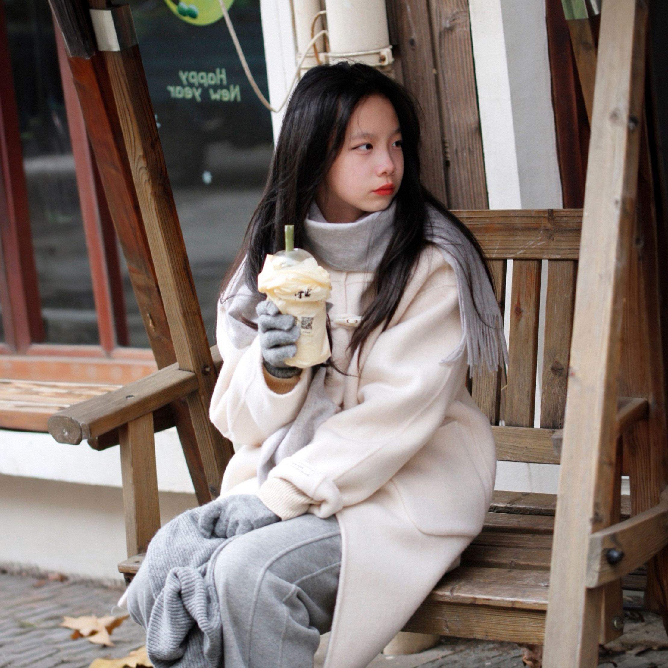 童装女童羊毛大衣双面羊绒牛角扣中长款毛呢外套青少年春秋米白色