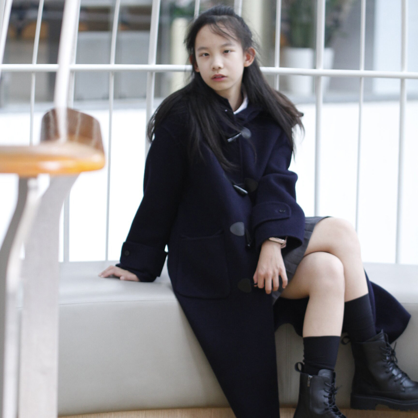 女孩藏青色童装羊毛大衣女童牛角扣长款毛呢外套藏蓝大童双面羊绒