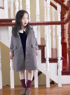 女童外套灰色格子秋冬毛呢大衣中长款薄羊毛宝宝儿童宽松呢子童装