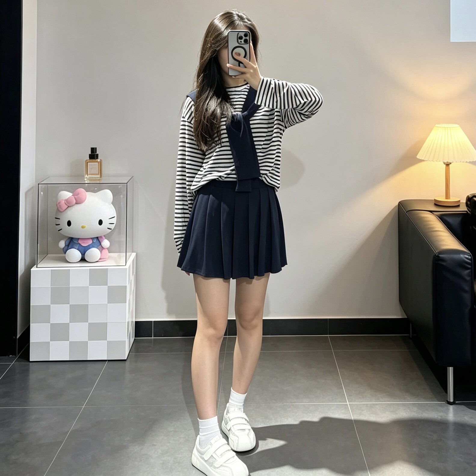 【王小花】早秋条纹披肩假两件上衣百褶短裙两件套女休闲套装