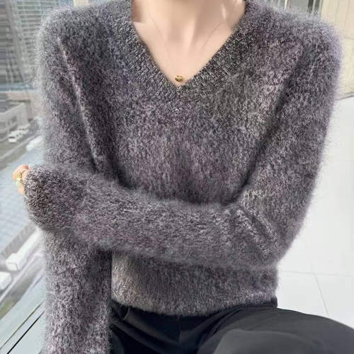 云雾感拉毛 山羊绒衫女氛围感拉绒长袖宽松毛衣花纱针织打底衫潮