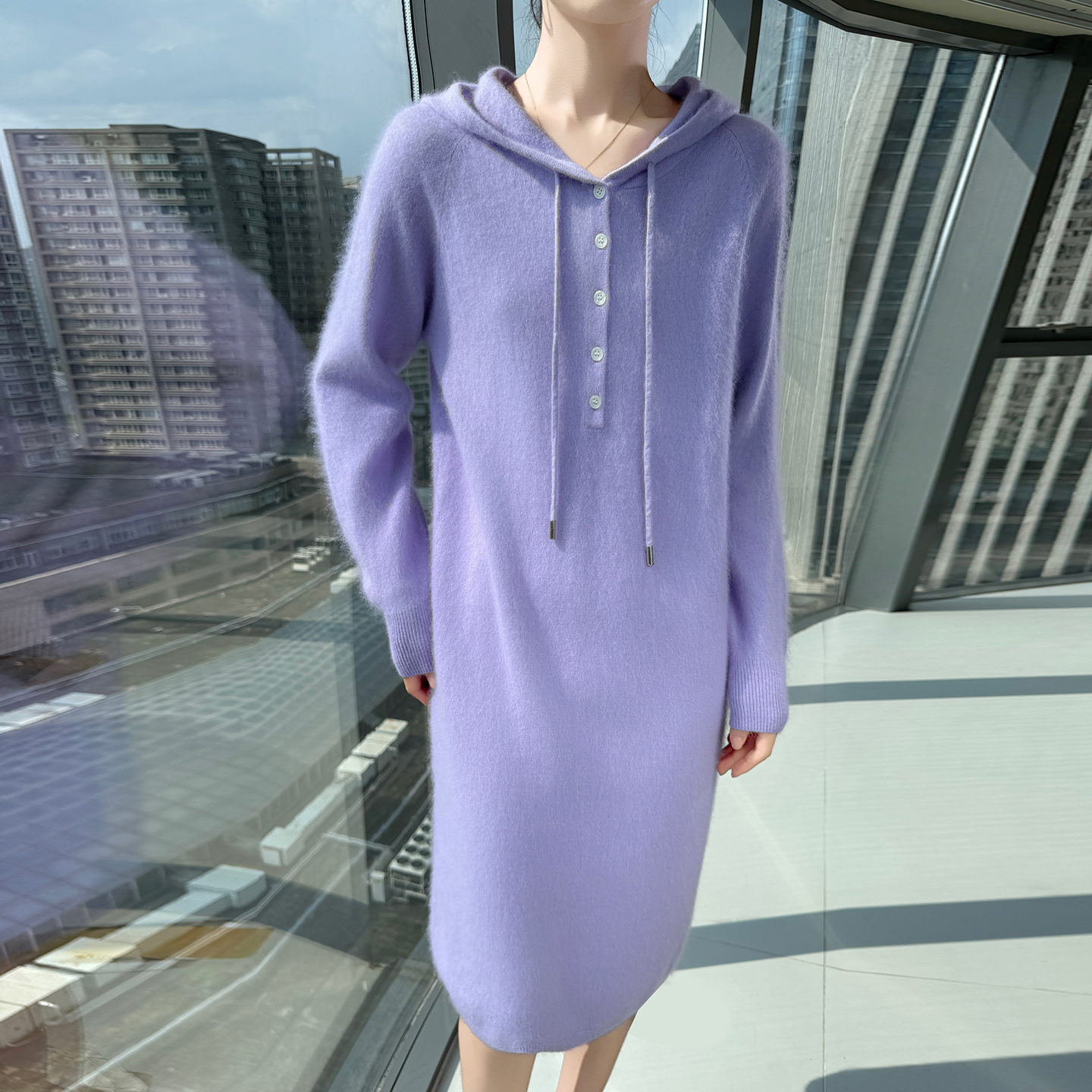 羊绒连衣裙女长款连帽半高领加厚带帽针织衫毛衣裙子帽衫过膝长裙