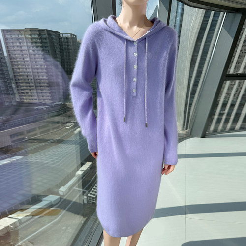 羊绒连衣裙女长款连帽半高领加厚带帽针织衫毛衣裙子帽衫过膝长裙