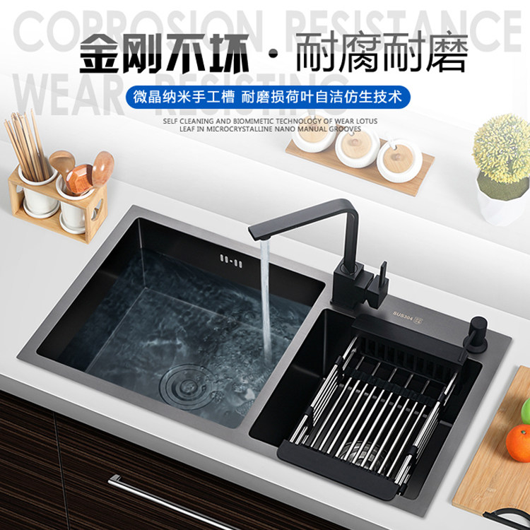 黑色加厚不锈钢带龙头手工水槽