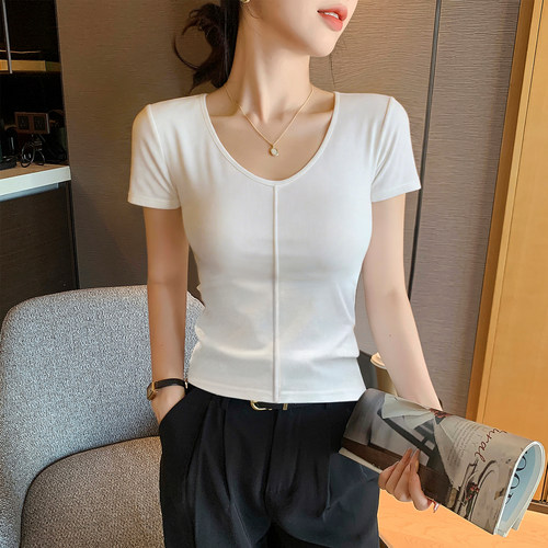 V领短袖T恤女鱼骨夏小众设计感