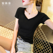 紧身纯色洋气正肩修身 黑色V领短袖 半袖 2026新款 打底上衣 t恤女夏季