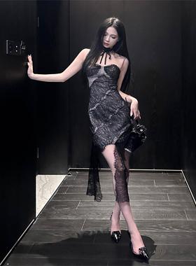 Elyssa秋季新款小众纯欲性感下摆不规则蕾丝挂脖连衣裙女辣妹ins