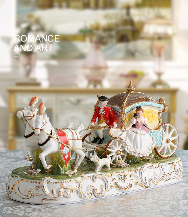 蕾丝瓷偶马车玄关珐琅复古宫廷奢华精致摆件陶瓷工艺装饰品钢琴