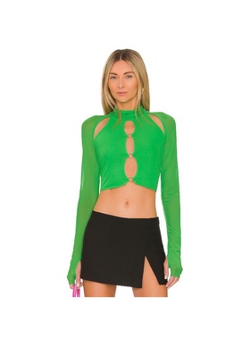 美系AFRM Maui Green镂空弹力修身甜酷辣妹网纱长袖露脐衫 不退换