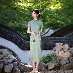 西荷旗袍凤凰于飞新中式改良日常修身版国风长款复古连衣裙女夏