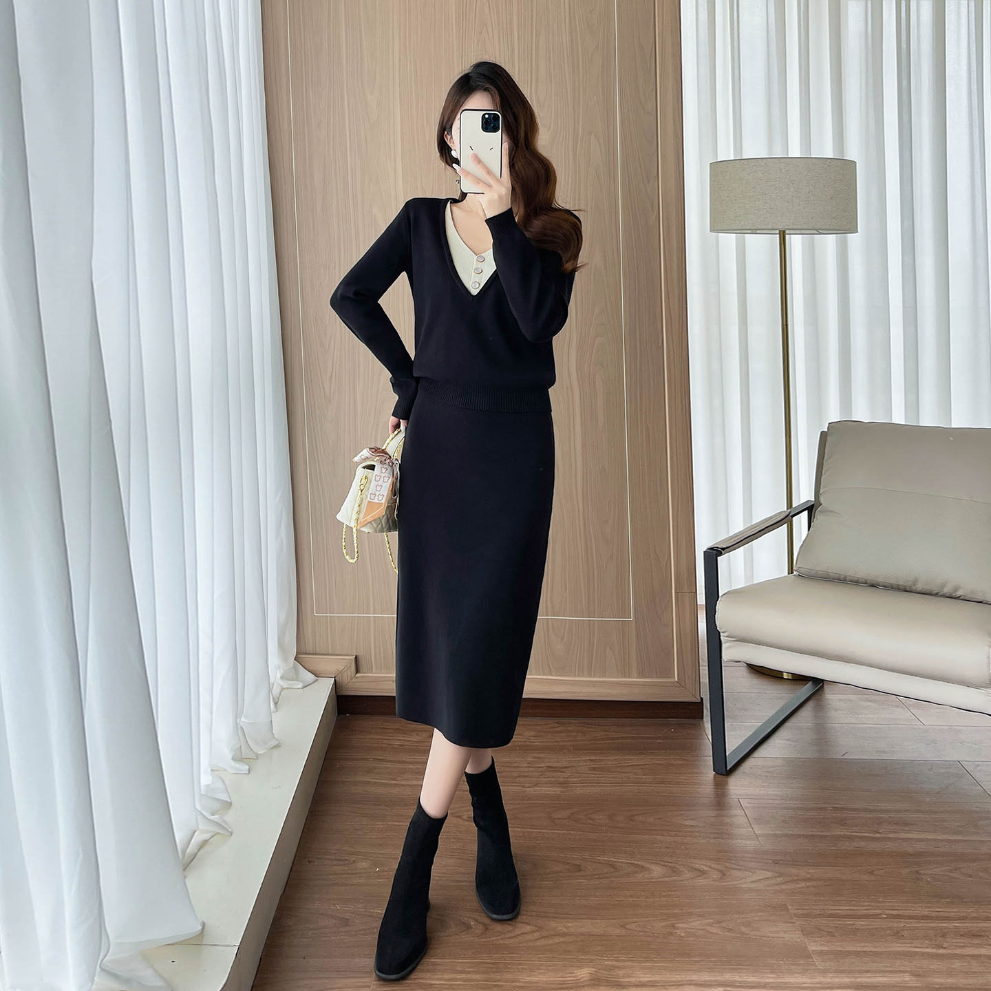 十三行女装时尚休闲套装女冬季新款开叉半身包臀裙针织两件套装裙