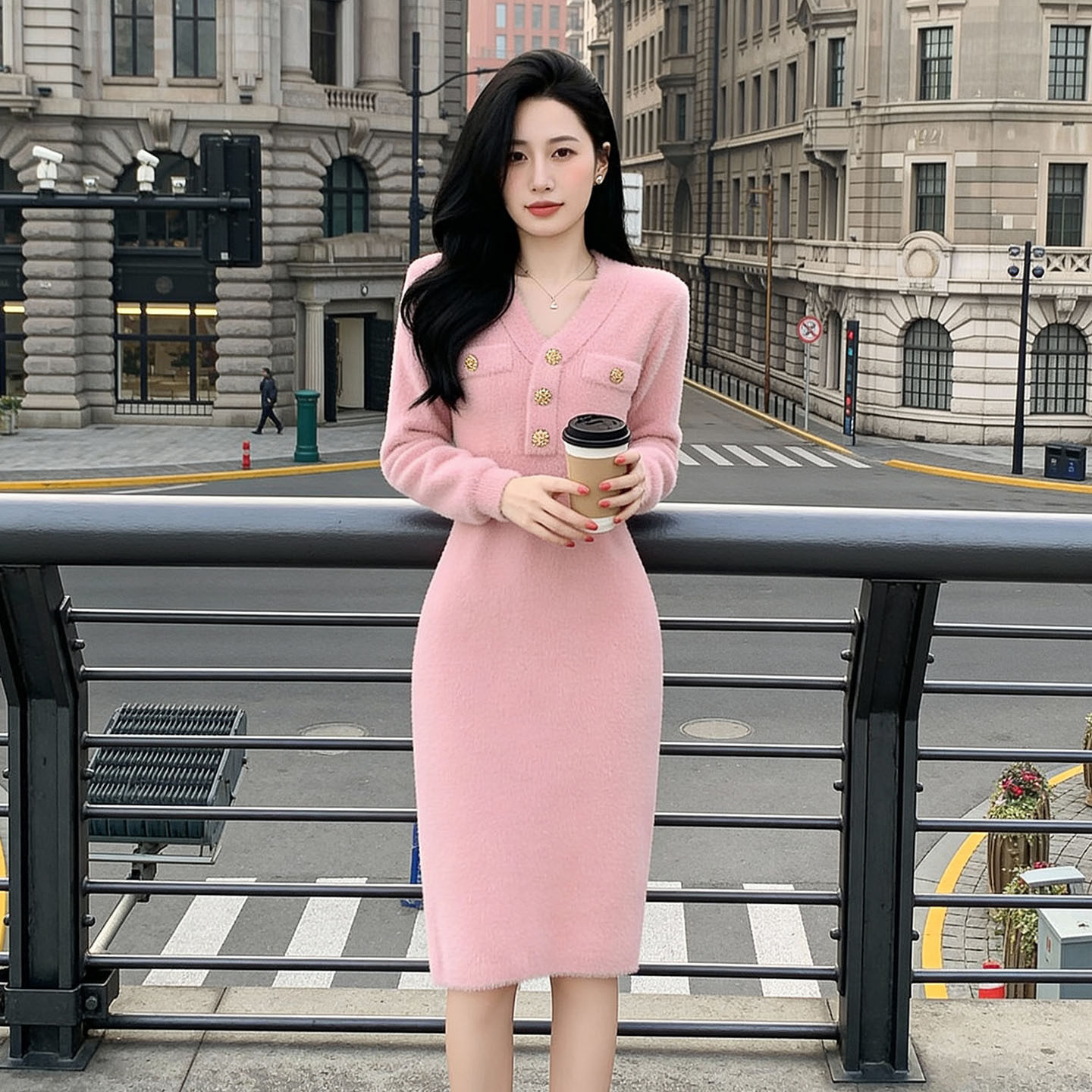新款针织防水貂毛时尚毛衣裙长袖修身柔软保暖打底连衣裙女装