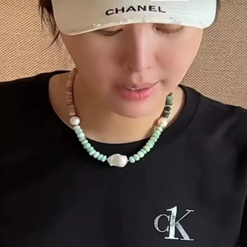 田朴珺同款天然淡水巴洛特珍珠天然石算盘珠项链锁骨链毛衣链个性图片