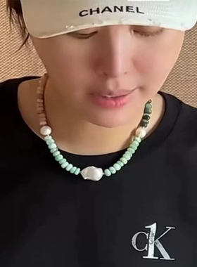 田朴珺同款天然淡水巴洛特珍珠天然石算盘珠项链锁骨链毛衣链个性