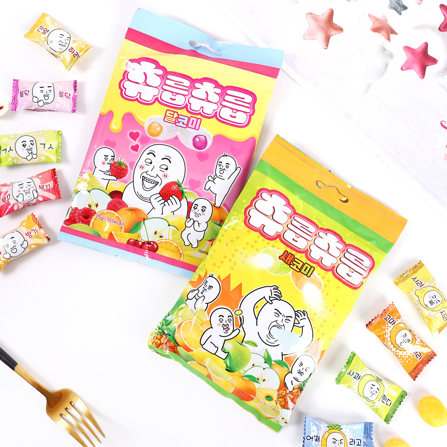 韩国进口奶糖可爱卡通表情多口味水果糖果零食小糖果儿童牛奶糖