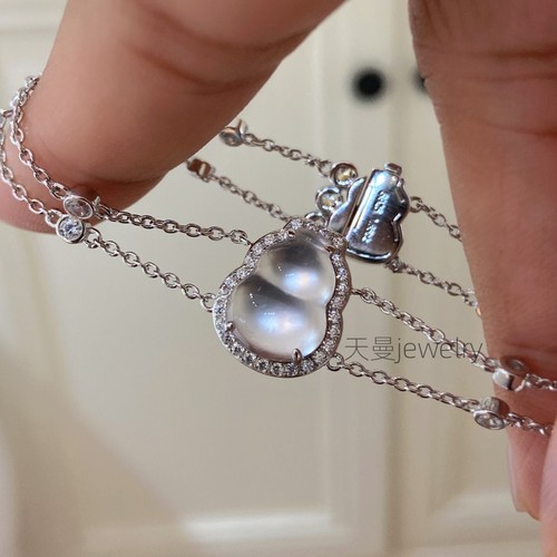 新中式国风天然石英质玉水沫玉高冰925银葫芦手链满钻媲美翡翠