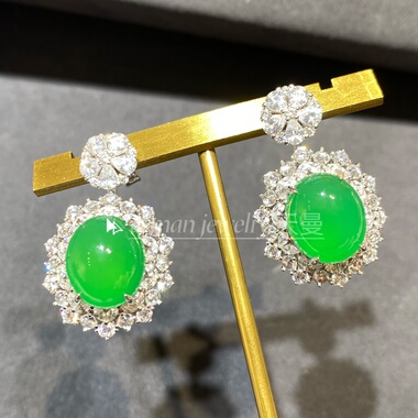 新中式满钻绿玉髓龙石种蛋面耳钉耳坠925银镶嵌媲美阳绿帝绿翡